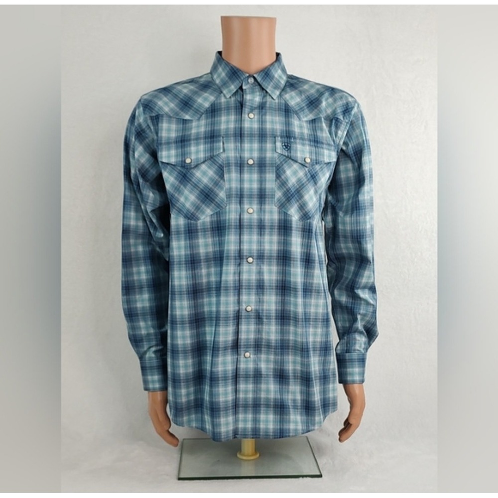 Ariat Mens Blue Teal Plaid Pearl Snap Western Long Sleeve Shirt‎ Regular Fit S
